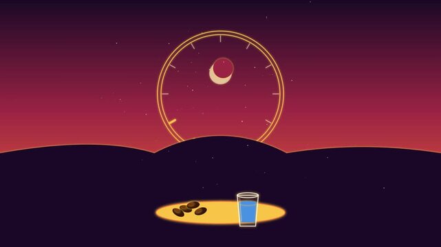 Minimalist clock above a glass of water and pebbles against a sunset sky symbolic illustration of and placed on surface with stones, reflecting time nature