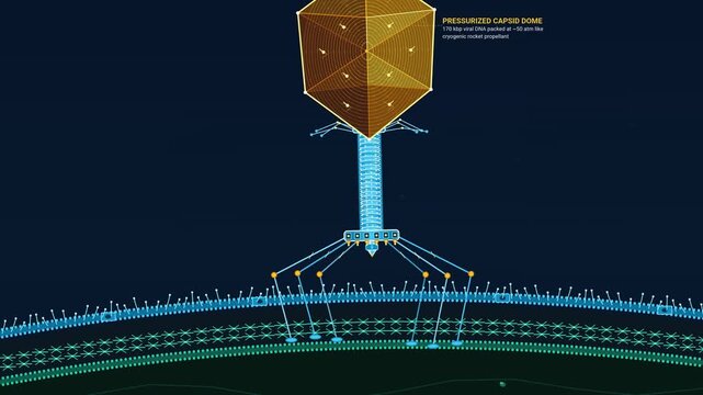 Educational animation of a T4 bacteriophage virus acting like a lunar lander to infect a bacterium by landing on its surface and injecting its viral DNA through a rigid core needle tube