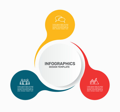 Modern infographic template with a central circle and three text blocks with business icons. Vector illustration.