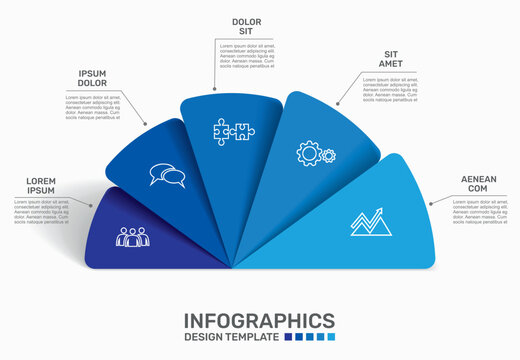 Modern business infographic template with colorful semi-circular options, icons, and text placeholders. Vector illustration.