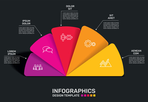 Modern business infographic template with colorful semi-circular options, icons, and text placeholders. Vector illustration.