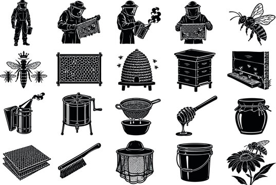 Beekeeper equipment and tools in silhouette with honeybee icons during harvest season