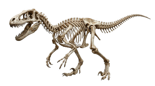 Full dinosaur skeleton fossil standing in a side view profile showing bones of a prehistoric raptor predator isolated on transparent background