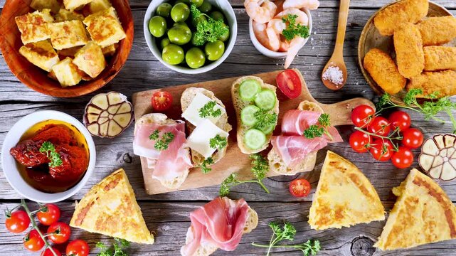 Spanish tapas mix with tortilla, jamon, croquettes, olives, and bruschetta on wooden table