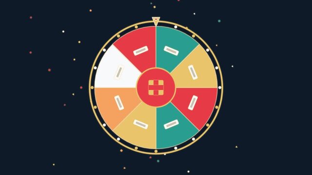 Colorful prize wheel spinning on dark background a game featuring multiple colored segments and a central icon for interactive entertainment fortune win gamification