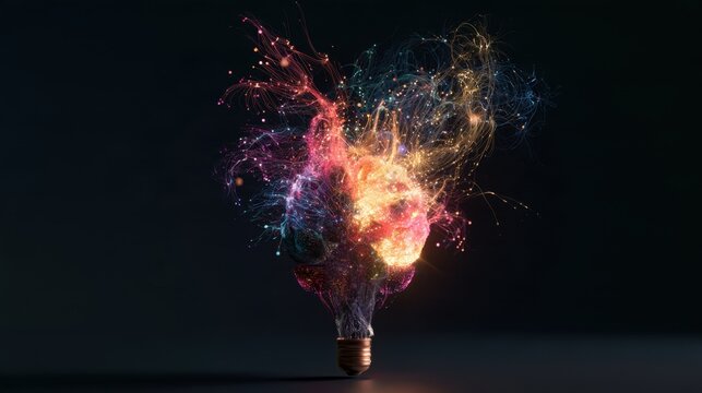 Abstract glowing electric light bulb with colorful swirling energy and dynamic digital spark particles on dark background