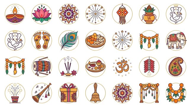 Indian Diwali Festival Flat Line Icon Set with Diyas, Lotus Flowers, Indian Sweets and Religious Symbols