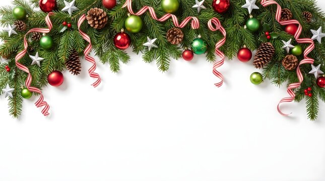 Festive christmas decorations including ornaments ribbons and garlands arranged along the top edge of a white background