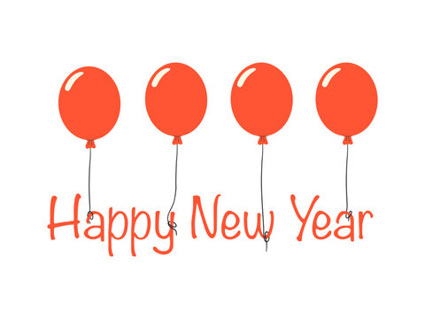 Happy New Year vector illustration with red balloons and hand drawn lettering. Festive holiday greeting card banner background.