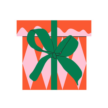 Red Christmas gift box with green ribbon and bow vector illustration. Festive present box icon isolated on white background for holiday design, sale banner, greeting card.