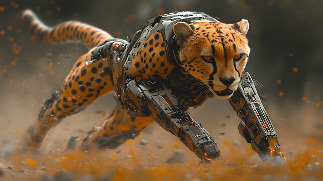 A futuristic cheetah with cybernetic enhancements charges through a dust-filled environment, showcasing advanced biomechanical armor and glowing red eyes, blending animal speed.