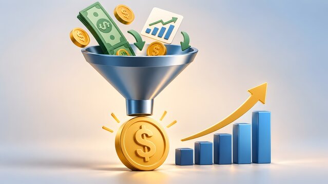 Metal funnel converting cash bills into giant golden coin and rising chart, representing sales funnel optimization, investment return, and business revenue generation strategy, 3d render.
