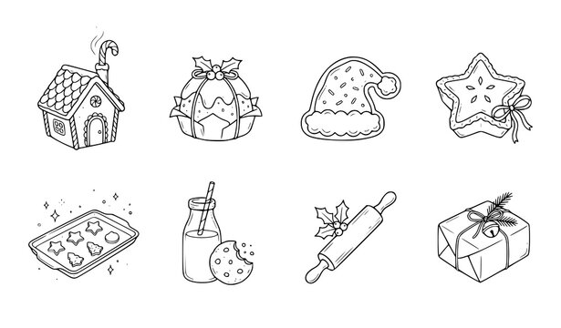 Collection of festive holiday baking items and christmas treats in line art style with gingerbread house pudding santa hat cookie star pastry tray