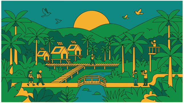 Vector illustration of an ecotourism tropical resort in a rainforest with hikers, solar powered stilt houses, palm trees, and mountains