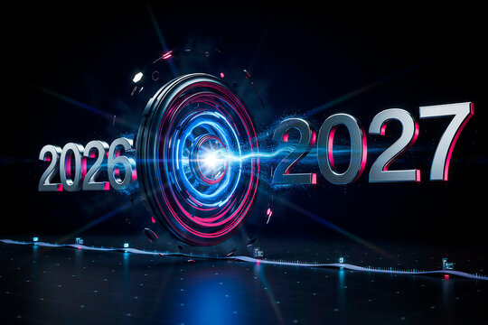Futuristic target graphic combining years twenty twenty-six and twenty twenty-seven with glowing neon lights