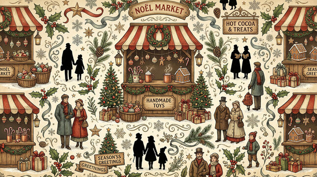 christmas market pattern in vintage style features bustling stalls and joyful people celebrating winter holidays.