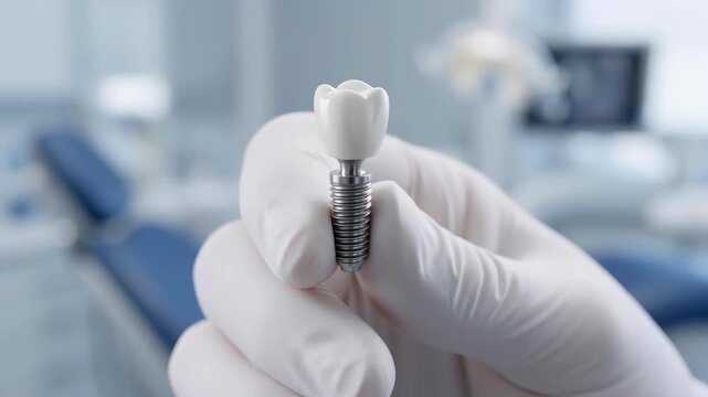 Macro close-up of a dental implant with a white crown in a dentist's hand, wearing a white glove slowly turning it. Dental implantation, advanced stomatology materials and prosthodontics concept