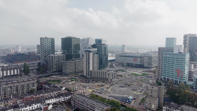 Modern Urban Towers and Road Network Netherlands Aerial View 4K