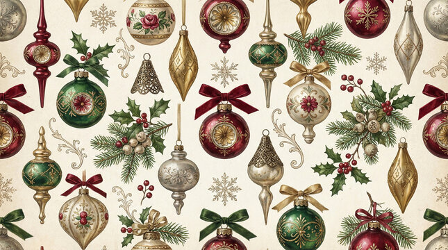 christmas vintage ornaments seamless pattern background with festive decorations and holiday elements for winter celebrations.