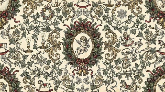 christmas vintage pattern with cherub wreath toys candles and holly on a light background for holiday wrapping paper design.