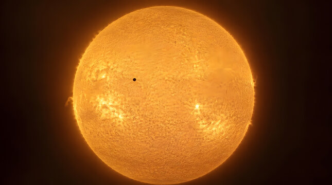 Transit of a planet across the surface of the sun in deep space.