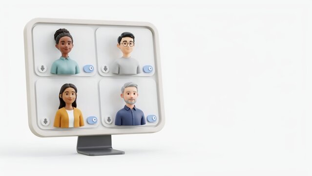 3D render video call screen interface, modern online meeting conference UI, virtual communication dashboard