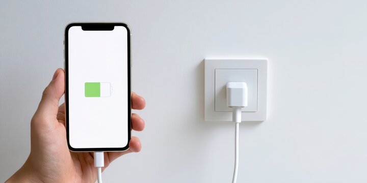 Close-up Person hand showing a modern smartphone plugged into a white wall outlet socket. Bright screen displays a green battery icon logo with a lightning bolt symbol indicating fast charging process