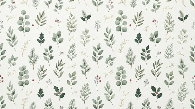 eucalyptus and holly leaves seamless pattern with red berries on light background for winter holiday designs.