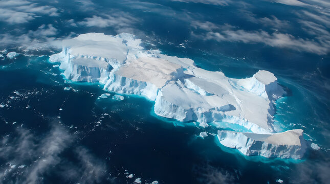 Aerial view of a massive tabular iceberg floating in the deep blue ocean.
