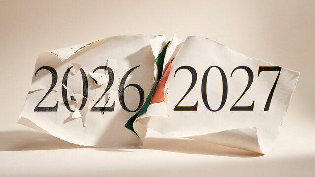Torn white paper revealing year twenty twenty seven underneath torn twenty twenty six numbers