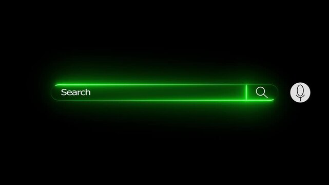 Glowing green search bar with magnifying glass icon and microphone button isolated on a black background for digital web interface design elements and modern technology user experience