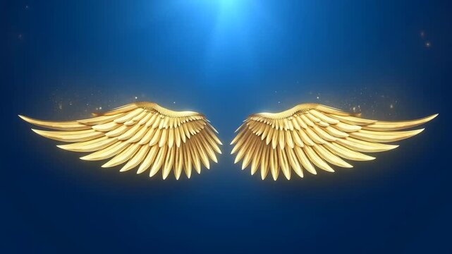 Golden Angel Wing and Feather Illustration Glowing Against Deep Blue Background in Gold Art