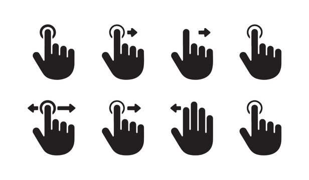 Set of finger touch gestures and cursor icons for user interface navigation and interaction.