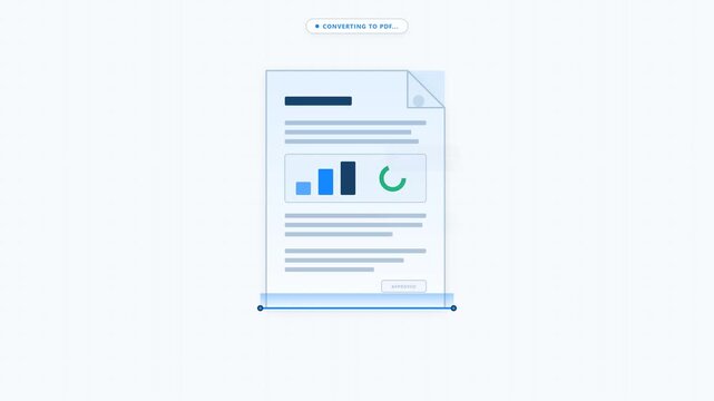 Clean corporate animation of a document being scanned and converted into a PDF file, with a green checkmark indicating successful digitization.