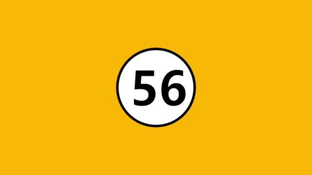 A motion graphic of a white circle with a black outline and the number fifty six inside it.