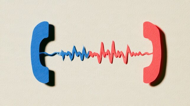 The artwork shows a blue telephone receiver creating a soundwave that turns into a coral red copy on a warm ivory background.