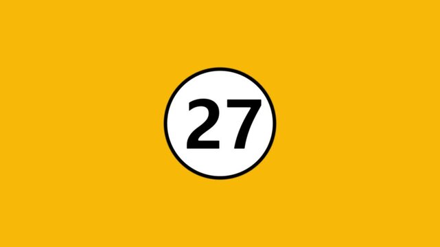 Animated countdown clock displaying twenty seven seconds on yellow background motion graphic.