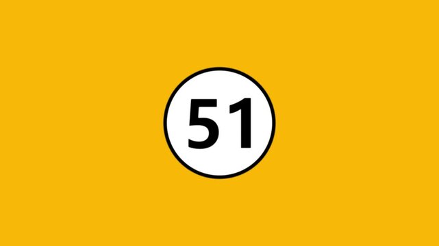 Animated countdown circle with number fifty one appearing on bright yellow backdrop motion.