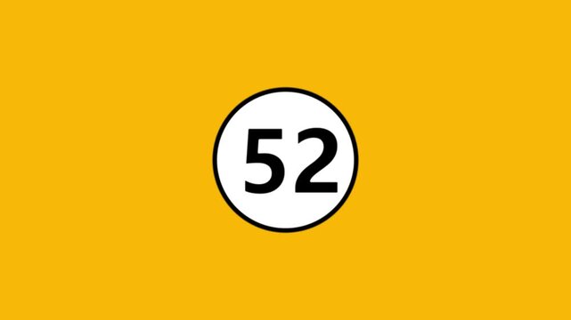 Animated number 52 appears in white circle on a vibrant yellow background motion graphic.