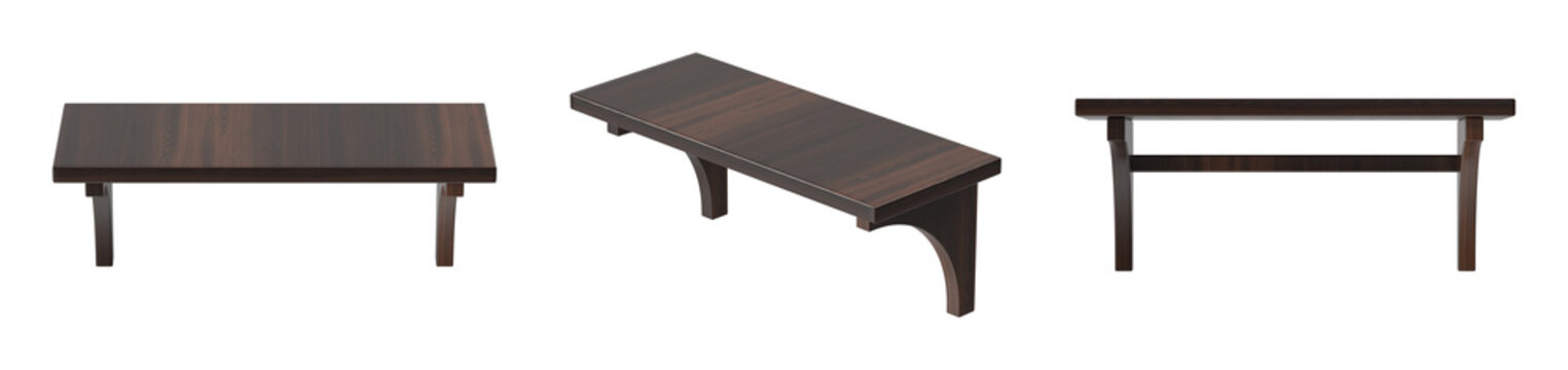 Dark wood low-profile console table shown from three angles in an isolated 3D render