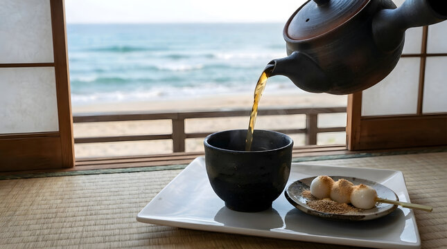 Gobocha, Japanese burdock root tea poured into a rustic cup besides mochi dango against a morning beach background, indoors of summer house background with opened shoji windows