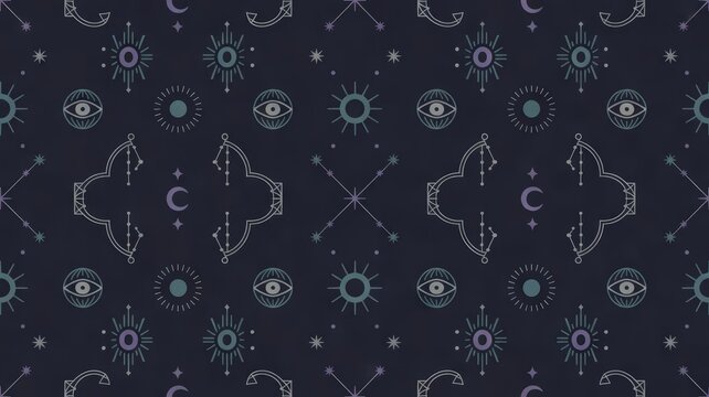 Mystical celestial seamless pattern with esoteric line art icons, evil eyes, moons, and constellations on a dark background