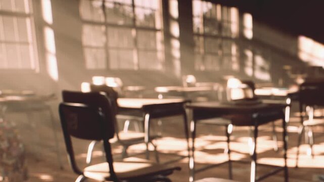 Late afternoon sun fills a quiet, dusty classroom, casting a warm glow over rows of empty wooden desks and chairs.
