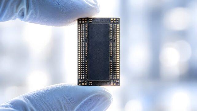 Gloved fingers holding a small memory chip package against bright soft light
