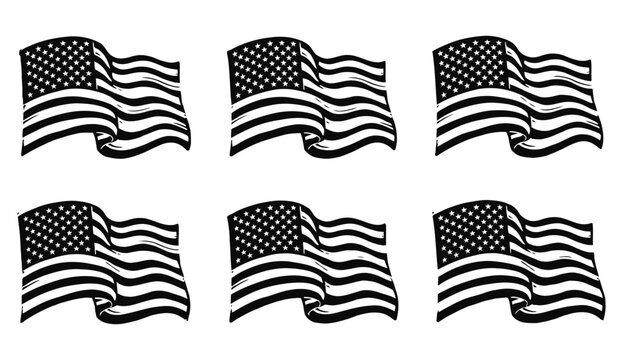 Collection of six american flags waving in the wind vintage engraving style