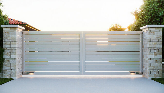 Contemporary beige horizontal slat gate with stone pillars horizontal slats automatic gate