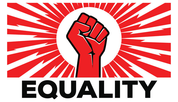 Raised fist in a circle with sunburst rays and the word equality below
