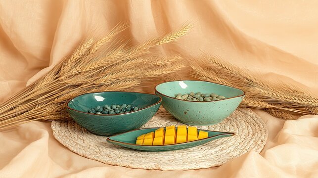 Grid cut mango halves in hedgehog style on leaf shaped ceramic dishes with woven placemat