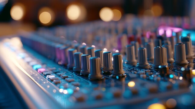 Close-up shot of a sound mixing board with illuminated faders and knobs, suggesting audio production or live performance