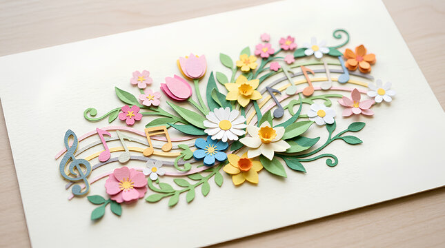 Colorful handcrafted paper flower and musical notes arrangement on a white surface showcasing artistic craft and vibrant